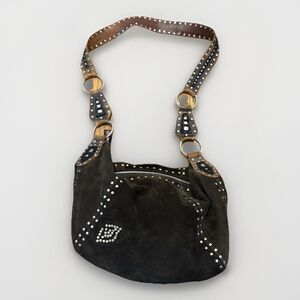 Betsey Johnson Black Suede Studded Shoulder Bag Floral Lining Boho Retro